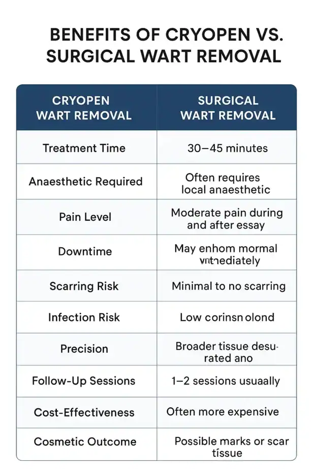 Table showing the benefits of cryopen to remove warts Richmond compared to surgical treatment